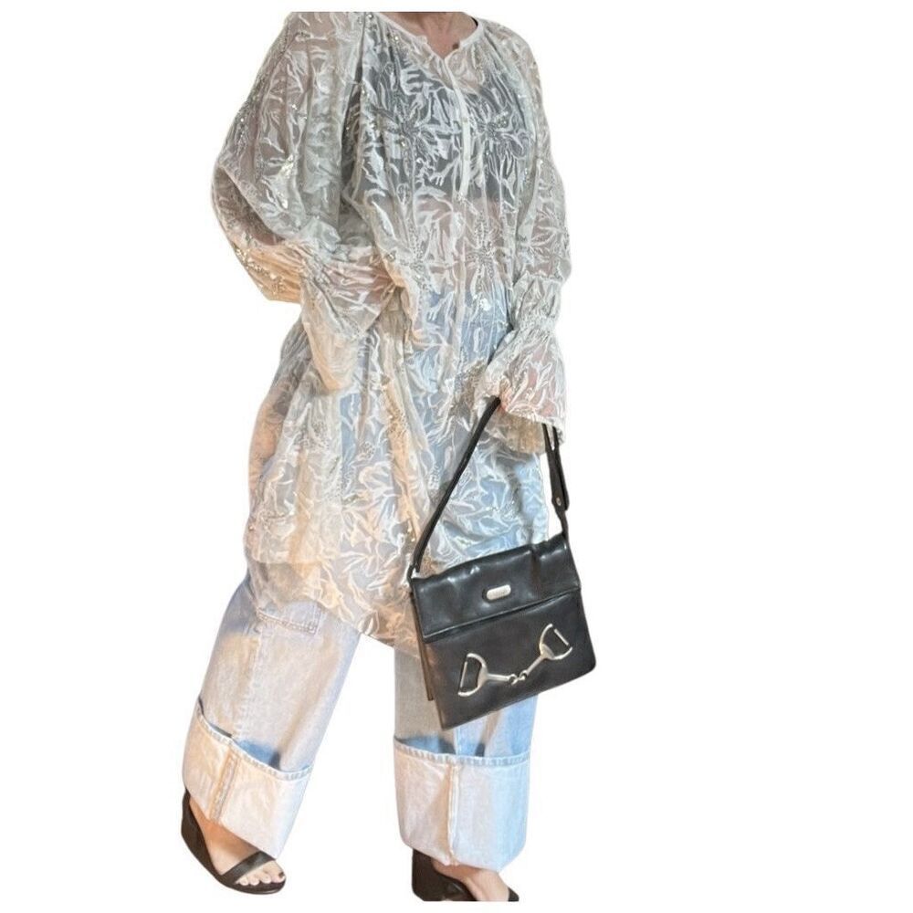 NWT Antik Batik Adana White Lace Beaded Midi Sheer Dress Puff Sleeves Women’s M